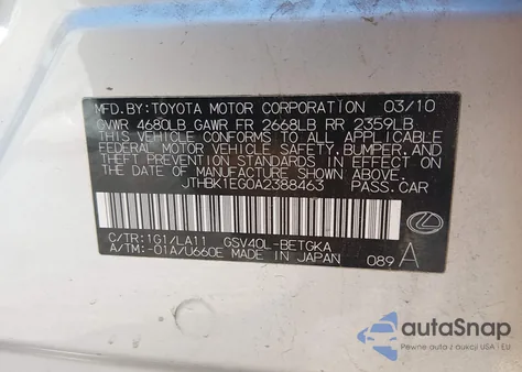 2010 Lexus Es 350 z USA, uszkodzony, nr VIN JTHBK1EG0A2388463